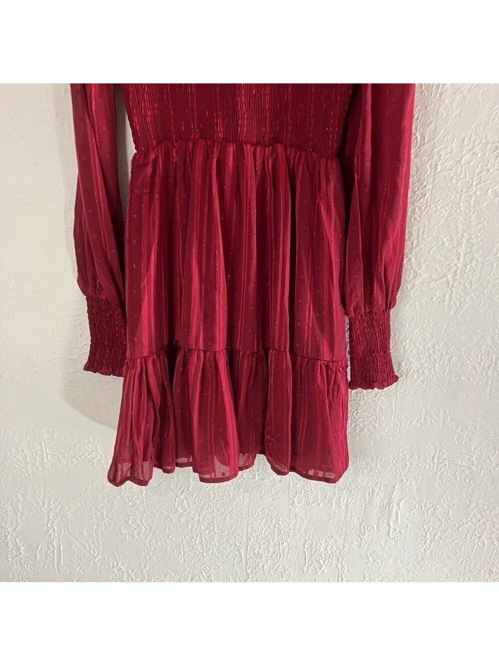 Lulu’s Cheerful Charmer Wine Red Lurex Long Sleeve Mini Dress - Picture 11 of 13